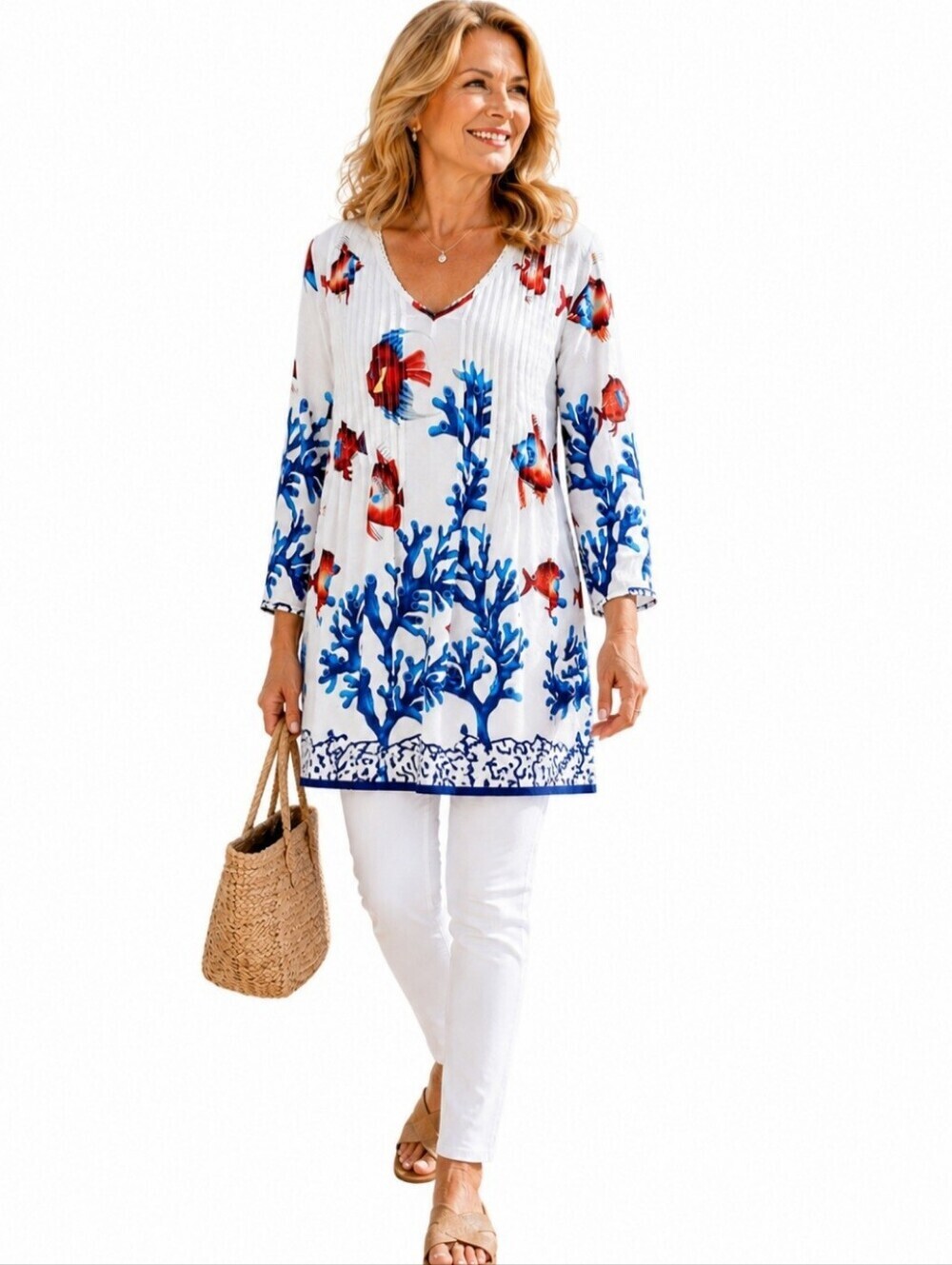 Soft Surroundings Oversized XS 100% Cotton Tunic Blouse Fish Coral Print Woman